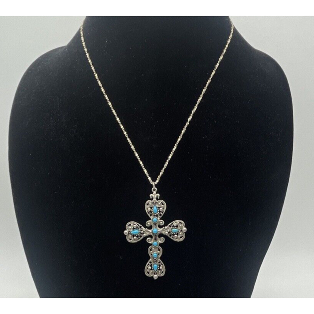 Vintage Faux Turquoise Silver Tone Cross Pendant Signed ROMA Sterling 18" Chain